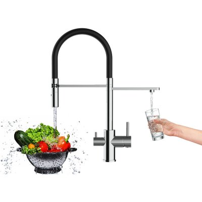 VIZIO Robinet de cuisine 3 voies chrom&eacute; bec noir orientable, douche 2 jets d&eacute;tachable VZFL018102