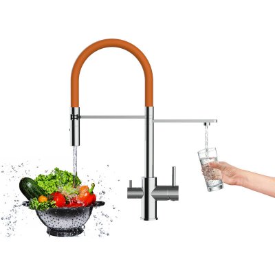 VIZIO Robinet de cuisine 3 voies chrom&eacute; bec orange orientable, douche 2 jets d&eacute;tachable VZFL018106