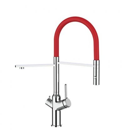 VIZIO Robinet de cuisine 3 voies chrom&eacute; bec rouge orientable, douche 2 jets d&eacute;tachable VZBF018103