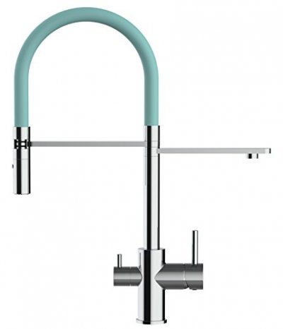 VIZIO Robinet de cuisine 3 voies chrom&eacute; bec turquoise orientable, douche 2 jets d&eacute;tachable VZFL018109