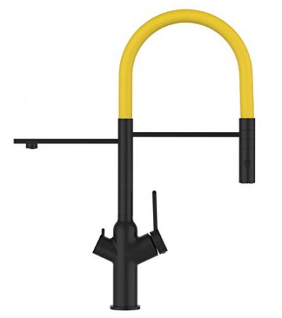 VIZIO Robinet de cuisine 3 voies noir mat bec jaune orientable, douche 2 jets d&eacute;tachable VZBF018125