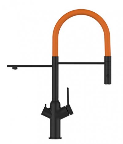 VIZIO Robinet de cuisine 3 voies noir mat bec orange orientable, douche 2 jets d&eacute;tachable VZBF018126