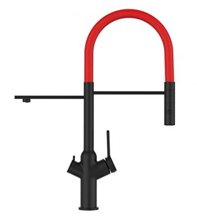 VIZIO Robinet de cuisine 3 voies noir mat bec rouge orientable, douche 2 jets d&eacute;tachable VZBF018123