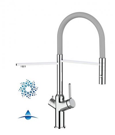 VIZIO CUCINA Robinet de cuisine 4 voies chrom&eacute; bec gris orientable, douche 2 jets d&eacute;tachable VZBF218108