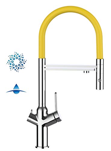 VIZIO CUCINA Robinet de cuisine 4 voies chrom&eacute; bec jaune orientable, douche 2 jets d&eacute;tachable VZBF218105