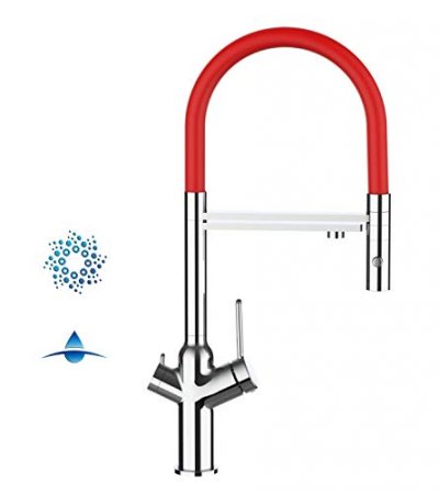 VIZIO CUCINA Robinet de cuisine 4 voies chrom&eacute; bec rouge orientable, douche 2 jets d&eacute;tachable VZBF218103