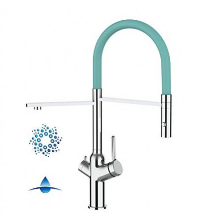 VIZIO CUCINA Robinet de cuisine 4 voies chrom&eacute; bec turquoise orientable, douche 2 jets d&eacute;tachable VZBF218109
