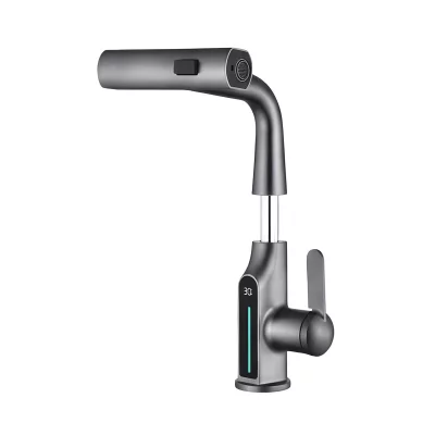 AVIZAR Robinet de Lavabo Extensible avec Affichage de Temp&eacute;rature LED Finition M&eacute;tal Noir