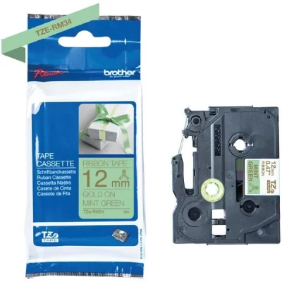 BROTHER Ruban  - TZERM34 - 12mm or sur vert menthe  - Qt 1