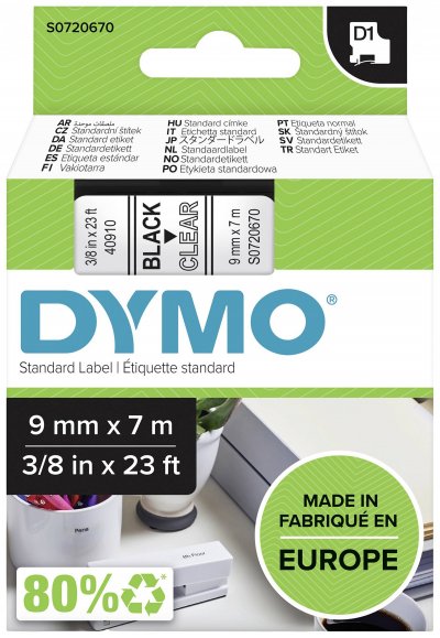 DYMO Ruban D1 -  - 9mm x 7m - Noir & Transparent