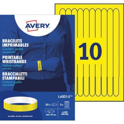 AVERY Sachet de 50 Bracelets d identification imprimables Laser Jaune 26,5 x 1,8 cm