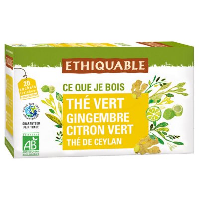 ETHIQUABLE Sachets de th&eacute; vert de Ceylan gingembre citron vert (paquet 20 unit&eacute;s)