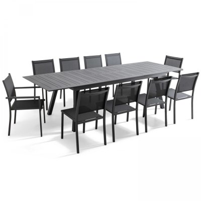 OVIALA Salon de jardin 10 places en aluminium gris 298 x 100 x 45 cm