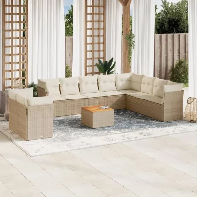  Salon de jardin 11 pcs avec coussins beige r&eacute;sine tress&eacute;e 3223720