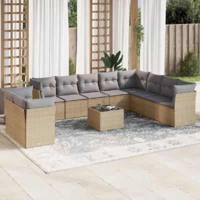 VIDAXL Salon de jardin 11 pcs avec coussins beige r&eacute;sine tress&eacute;e 