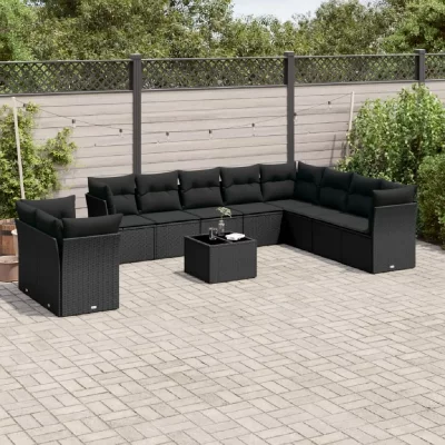 VIDAXL Salon de jardin 11 pcs avec coussins noir r&eacute;sine tress&eacute;e avec table