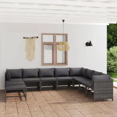 VIDAXL Salon de jardin 11 pcs avec coussins R&eacute;sine tress&eacute;e Gris  Grey