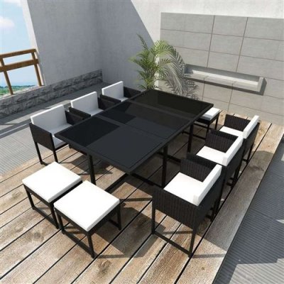 VIDAXL Salon de jardin 11 pcs avec coussins R&eacute;sine tress&eacute;e Noir  - Noir