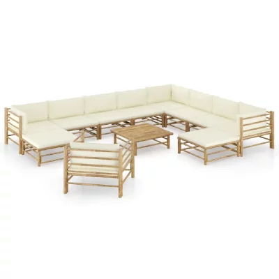 VIDAXL Salon de jardin 12 pcs avec coussins blanc cr&egrave;me Bambou  Cr&egrave;me