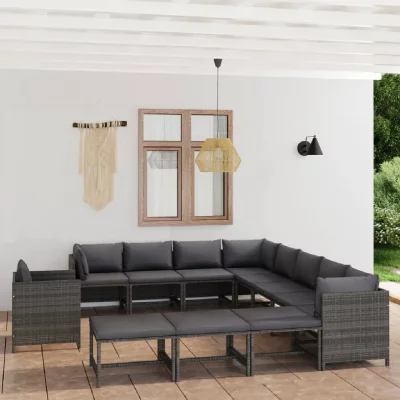 VIDAXL Salon de jardin 12 pcs avec coussins R&eacute;sine tress&eacute;e Gris  Grey