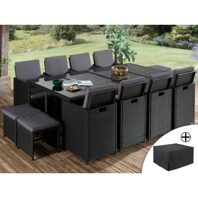 BESTMOBILIER Salon de jardin 12 places en r&eacute;sine tress&eacute;e noir / gris