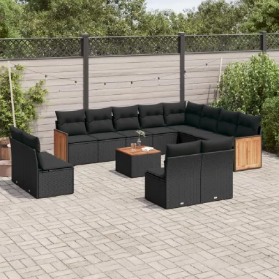 VIDAXL Salon de jardin 13 pi&egrave;ces - Coussin noir - R&eacute;sine tress&eacute;e