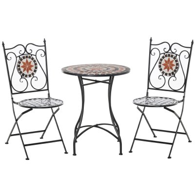 OUTSUNNY Salon de jardin 2 places 3 pi&egrave;ces style fer forg&eacute; mosa&iuml;que c&eacute;ramique