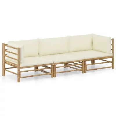 VIDAXL Salon de jardin 3 pcs avec coussins blanc cr&egrave;me Bambou  Cr&egrave;me