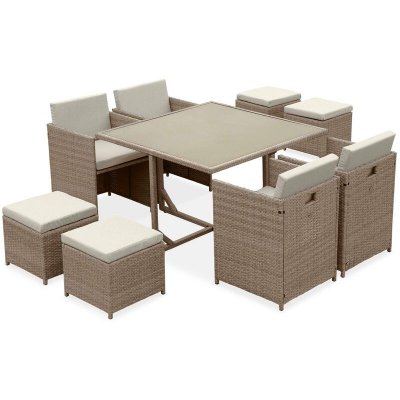 SWEEEK Salon de jardin 4-8 places en r&eacute;sine beige avec coussins beige