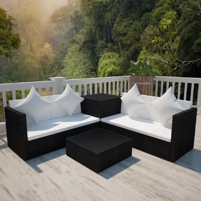 VIDAXL Salon de jardin 4 pcs avec coussins r&eacute;sine tress&eacute;e noir