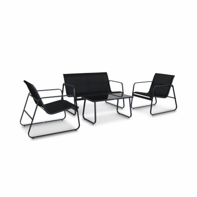 SWEEEK Salon de jardin 4 personnes en m&eacute;tal et textil&egrave;ne gris fonc&eacute; et noir