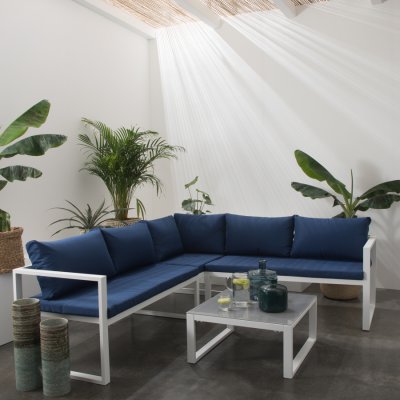 HAPPY GARDEN Salon de jardin 4 places en aluminium blanc et tissu bleu