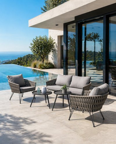 DCB GARDEN Salon de jardin 4 places en corde tiss&eacute;e taupe et acier anthracite