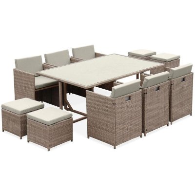 SWEEEK Salon de jardin 6-10 places en r&eacute;sine beige avec coussins beige