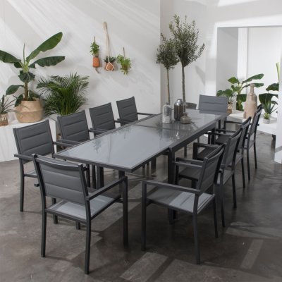 HAPPY GARDEN Salon de jardin 6 &agrave; 10 places aluminium anthracite et gris