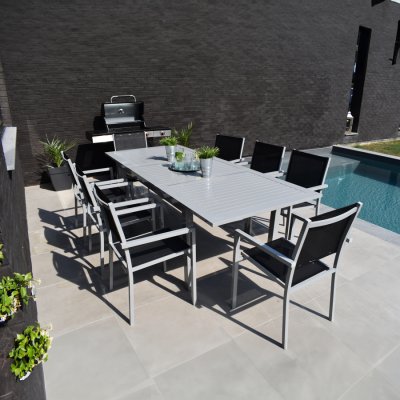 HAPPY GARDEN Salon de jardin 6 &agrave; 8 places en aluminium gris et noir