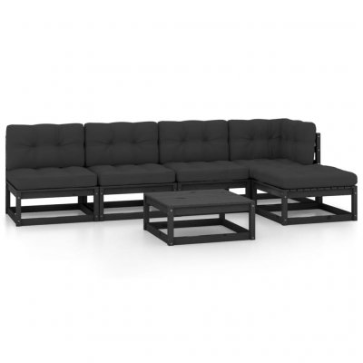 VIDAXL Salon de jardin 6 pcs avec coussins Bois de pin massif  Noir
