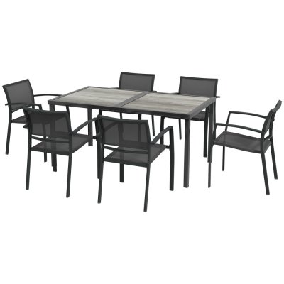 OUTSUNNY Salon de jardin 6 places 7 pi&egrave;ces table manger acier aspect bois gris