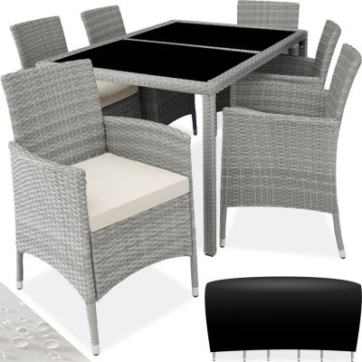 TECTAKE Salon de jardin 6 places avec housse de protection - gris clair/cr&egrave;me