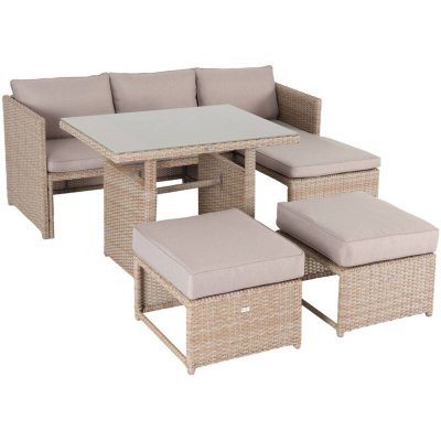 SWEEEK Salon de jardin 6 places avec table en r&eacute;sine tress&eacute;e beige