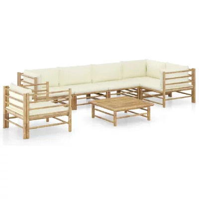 VIDAXL Salon de jardin 7 pcs avec coussins blanc cr&egrave;me Bambou  Cr&egrave;me