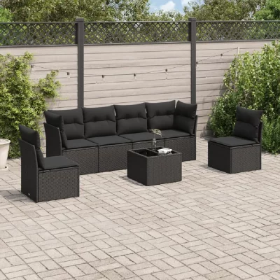 VIDAXL Salon de jardin 7 pcs avec coussins noir r&eacute;sine tress&eacute;e avec table