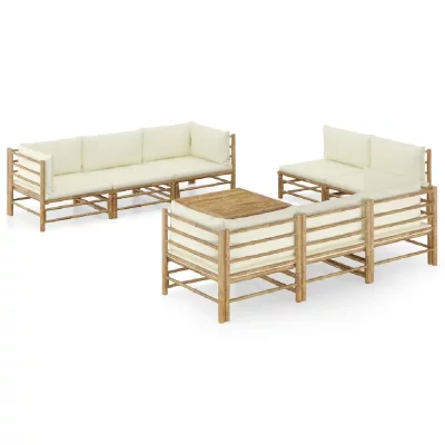 VIDAXL Salon de jardin 9 pcs avec coussins blanc cr&egrave;me Bambou  Cr&egrave;me