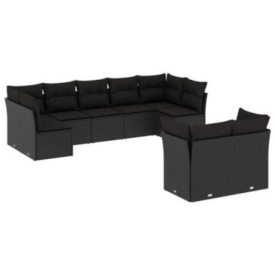  Salon de jardin 9 pcs avec coussins noir r&eacute;sine tress&eacute;e sans table