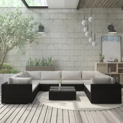 VIDAXL Salon de jardin 9 pcs avec coussins R&eacute;sine tress&eacute;e Noir  Noir et cr&egrave;me