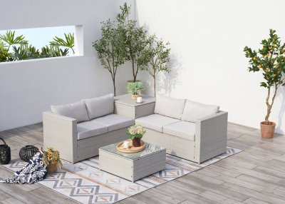 CONCEPT USINE Salon de jardin avec coffre 4 places en r&eacute;sine gris clair
