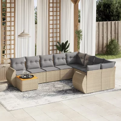 VIDAXL Salon de jardin avec coussins 10 pcs beige r&eacute;sine tress&eacute;e 