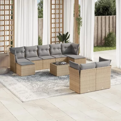 VIDAXL Salon de jardin avec coussins 10 pcs beige r&eacute;sine tress&eacute;e 3218319