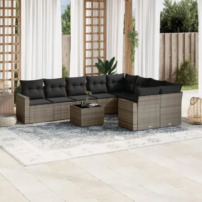 VIDAXL Salon de jardin avec coussins 10 pcs gris r&eacute;sine tress&eacute;e 