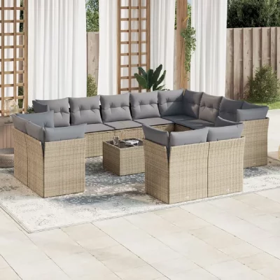 VIDAXL Salon de jardin avec coussins 13 pcs beige r&eacute;sine tress&eacute;e 3218539
